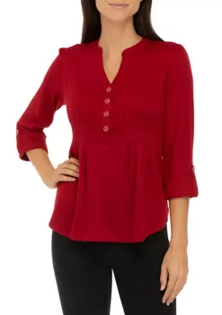 Discount 🥰 Kim Rogers® Petite 3/4 Sleeve Henley Hacci Top ✨ -Kim Rogers® Shop Belk 1060