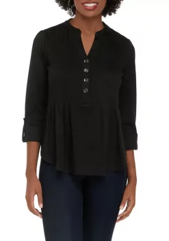 Discount 🥰 Kim Rogers® Petite 3/4 Sleeve Henley Hacci Top ✨ -Kim Rogers® Shop Belk 1061