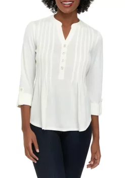 Discount 🥰 Kim Rogers® Petite 3/4 Sleeve Henley Hacci Top ✨ -Kim Rogers® Shop Belk 1062