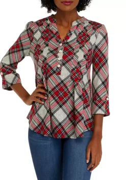 Promo 😀 Kim Rogers® 👩 Women's 3/4 Sleeve Henley Hacci Top ⭐ -Kim Rogers® Shop Belk 1164