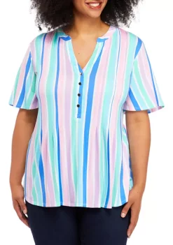Best Pirce ❤️ Kim Rogers® Plus Size Henley Vertical Stripe Top 🧨