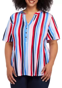 Best Pirce ❤️ Kim Rogers® Plus Size Henley Vertical Stripe Top 🧨 -Kim Rogers® Shop Belk 1202