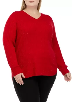 Budget 😉 Kim Rogers® Plus Size Long Sleeve Cable V-Neck Sweater ✨ -Kim Rogers® Shop Belk 1208