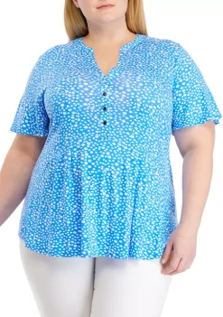Top 10 🤩 Kim Rogers® Plus Size Short Sleeve Print Henley Top ✨ -Kim Rogers® Shop Belk 1419