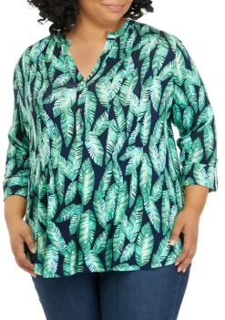 Best Sale 🧨 Kim Rogers® Plus Size 3/4 Sleeve Printed Henley 👚 Shirt 🌟