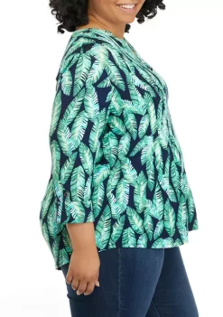 Best Sale 🧨 Kim Rogers® Plus Size 3/4 Sleeve Printed Henley 👚 Shirt 🌟 -Kim Rogers® Shop Belk 1502
