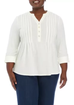 Best Sale 👍 Kim Rogers® Plus Size 3/4 Sleeve Henley Hacci Top 😉