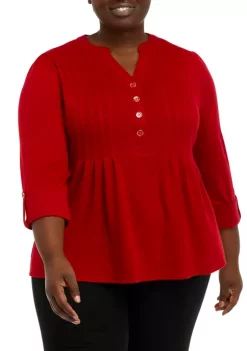Best Sale 👍 Kim Rogers® Plus Size 3/4 Sleeve Henley Hacci Top 😉 -Kim Rogers® Shop Belk 1556
