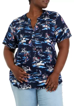 Deals 🔥 Kim Rogers® Plus Size Henley Scenic Top 👍