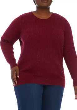 Outlet 🛒 Kim Rogers® Plus Size Long Sleeve Cable Crew Neck Sweater 🎉