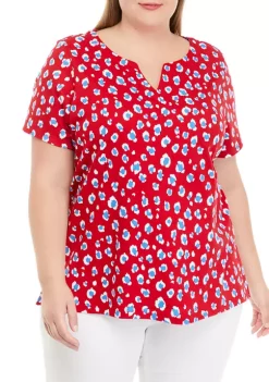 Best deal 🎁 Kim Rogers® Plus Size Short Sleeve Split Neck Floral Print Top 🛒