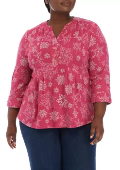 New 🧨 Kim Rogers® Plus Size 3/4 Sleeve Printed Henley Top ⌛