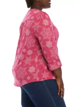 New 🧨 Kim Rogers® Plus Size 3/4 Sleeve Printed Henley Top ⌛ -Kim Rogers® Shop Belk 1786