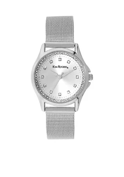 Budget 🎁 Kim Rogers® Mesh Silver-Tone Round Glitz ⌚ Watch 🎉