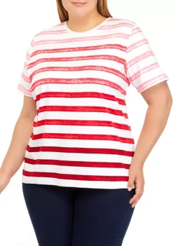 New 😀 Kim Rogers® Plus Size Ombré Striped Short Sleeve Round Neck T-Shirt ⭐