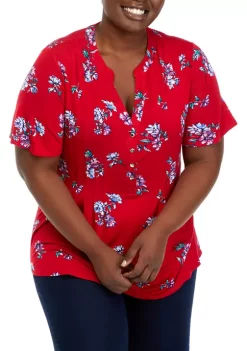 Outlet ⌛ Kim Rogers® Plus Size Henley Tossed Floral Top 💯