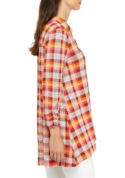 Best Pirce 🎉 Kim Rogers® 👩 Women's 3/4 Ruched Sleeve Plaid Button Down Top 🔥 -Kim Rogers® Shop Belk 244