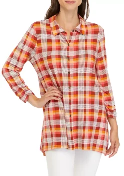 Best Pirce 🎉 Kim Rogers® 👩 Women's 3/4 Ruched Sleeve Plaid Button Down Top 🔥 -Kim Rogers® Shop Belk 245