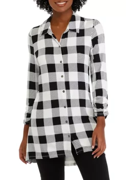 Best Pirce 🎉 Kim Rogers® 👩 Women's 3/4 Ruched Sleeve Plaid Button Down Top 🔥 -Kim Rogers® Shop Belk 246