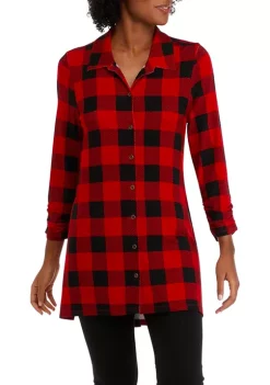 Best Pirce 🎉 Kim Rogers® 👩 Women's 3/4 Ruched Sleeve Plaid Button Down Top 🔥 -Kim Rogers® Shop Belk 247