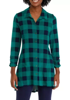 Best Pirce 🎉 Kim Rogers® 👩 Women's 3/4 Ruched Sleeve Plaid Button Down Top 🔥 -Kim Rogers® Shop Belk 248