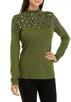 Promo ⭐ Kim Rogers® 👩 Women's Long Sleeve Mock Neck Placement Top 🔥 -Kim Rogers® Shop Belk 282