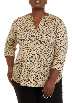 Deals ✔️ Kim Rogers® Plus Size 3/4 Sleeve Henley Cheetah Print Top 😉