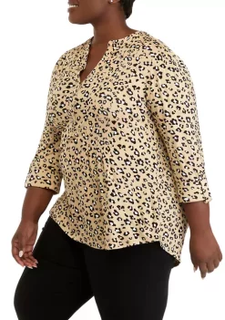 Deals ✔️ Kim Rogers® Plus Size 3/4 Sleeve Henley Cheetah Print Top 😉 -Kim Rogers® Shop Belk 309