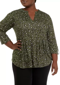 Deals ✔️ Kim Rogers® Plus Size 3/4 Sleeve Henley Cheetah Print Top 😉 -Kim Rogers® Shop Belk 310