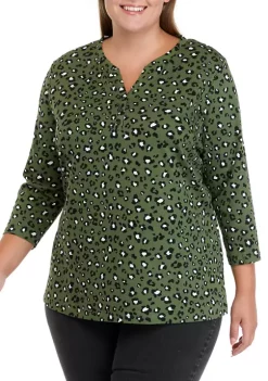 Outlet ❤️ Kim Rogers® Plus Size 3/4 Sleeve Henley Printed Top 🧨