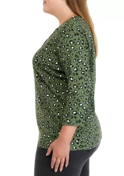 Outlet ❤️ Kim Rogers® Plus Size 3/4 Sleeve Henley Printed Top 🧨 -Kim Rogers® Shop Belk 441