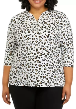 Outlet ❤️ Kim Rogers® Plus Size 3/4 Sleeve Henley Printed Top 🧨 -Kim Rogers® Shop Belk 443