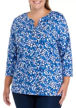 Outlet ❤️ Kim Rogers® Plus Size 3/4 Sleeve Henley Printed Top 🧨 -Kim Rogers® Shop Belk 444