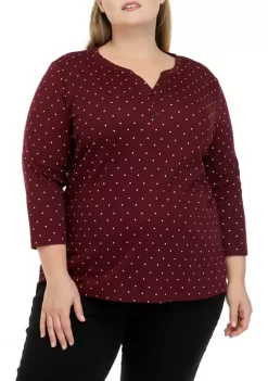 Outlet ❤️ Kim Rogers® Plus Size 3/4 Sleeve Henley Printed Top 🧨 -Kim Rogers® Shop Belk 445