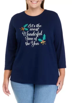Discount ❤️ Kim Rogers® Plus Size 3/4 Sleeve Crew Neck Graphic T-Shirt 👏 -Kim Rogers® Shop Belk 482