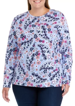 Coupon 🤩 Kim Rogers® Plus Size Long Sleeve Allover Print T-Shirt 🔔 -Kim Rogers® Shop Belk 550