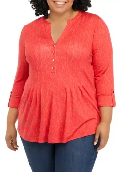 Flash Sale 😍 Kim Rogers® Plus Size 3/4 Sleeve Printed Henley 👕 Shirt 🥰