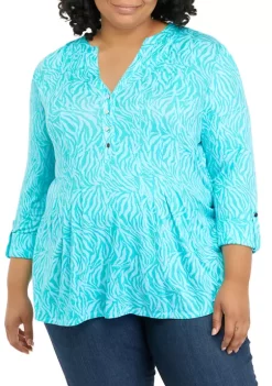 Flash Sale 😍 Kim Rogers® Plus Size 3/4 Sleeve Printed Henley 👕 Shirt 🥰 -Kim Rogers® Shop Belk 562