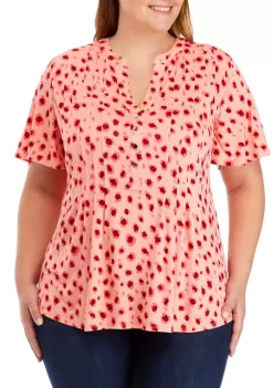 Wholesale 😍 Kim Rogers® Plus Size Short Sleeve Print Henley Top ⌛