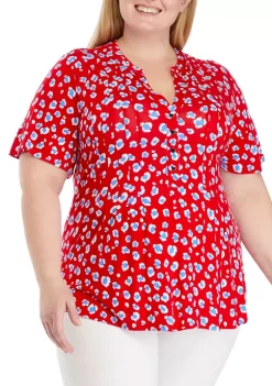 Wholesale 😍 Kim Rogers® Plus Size Short Sleeve Print Henley Top ⌛ -Kim Rogers® Shop Belk 746