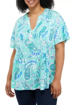 Deals 👏 Kim Rogers® Plus Size Henley Paisley Top 🛒