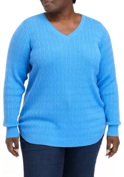 Flash Sale 🥰 Kim Rogers® Plus Size Long Sleeve Cable V-Neck Sweater ❤️ -Kim Rogers® Shop Belk 796