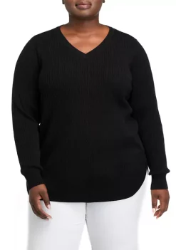 Flash Sale 🥰 Kim Rogers® Plus Size Long Sleeve Cable V-Neck Sweater ❤️ -Kim Rogers® Shop Belk 797