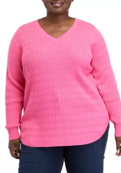 Flash Sale 🥰 Kim Rogers® Plus Size Long Sleeve Cable V-Neck Sweater ❤️ -Kim Rogers® Shop Belk 798