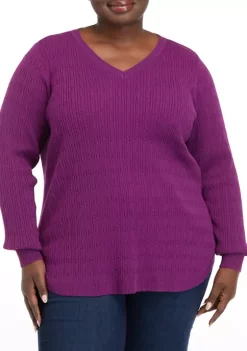 Flash Sale 🥰 Kim Rogers® Plus Size Long Sleeve Cable V-Neck Sweater ❤️ -Kim Rogers® Shop Belk 799