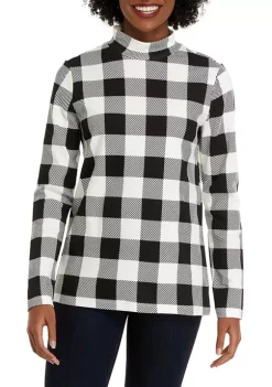 Buy 🎁 Kim Rogers® 👩 Women's Long Sleeve Mock Neck Plaid Top ⭐